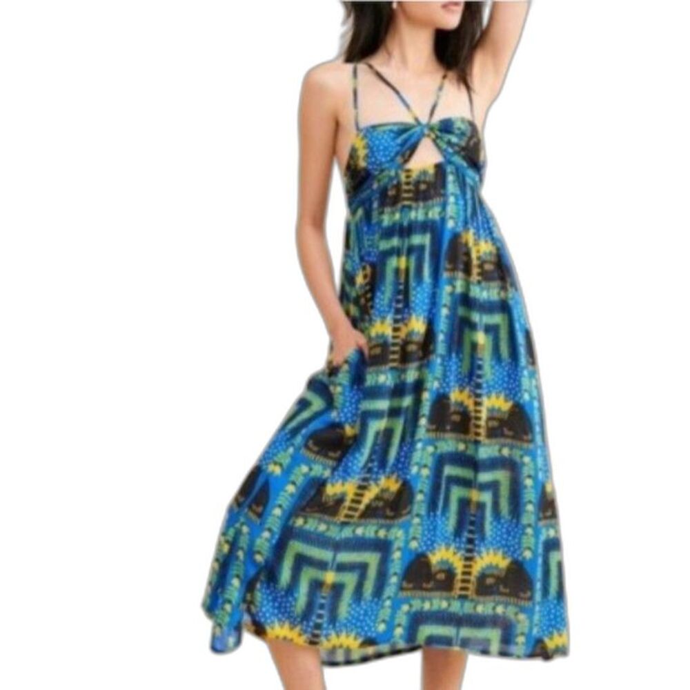 Anthropologie Incerti Joao Blue Yellow Tribal Strappy Bandeau Maxi Dress Size XS